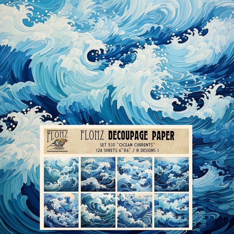 Decoupage Paper Pack (24 Sheets 6"x6") Ocean Currents: Majestic Wave Patterns Evoking The Power and Beauty of The Sea # Vintage Styled Paper for Craft and Scrapbooking